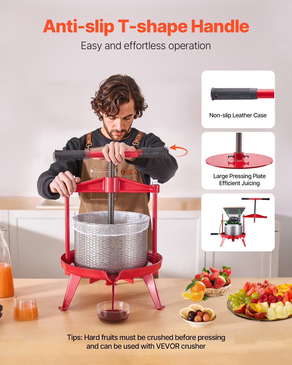 Fruit Wine Press 2.38 Gal 9L Stainless Steel Basket Manual Juice Cider Apple