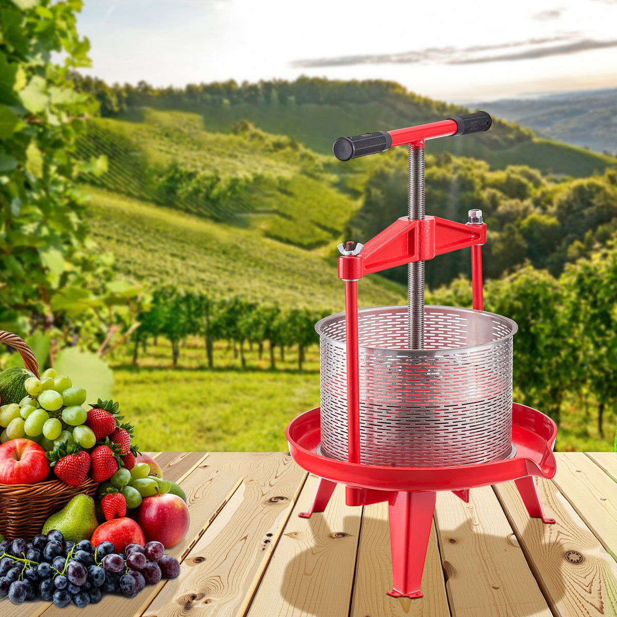 Fruit Wine Press 2.38 Gal 9L Stainless Steel Basket Manual Juice Cider Apple