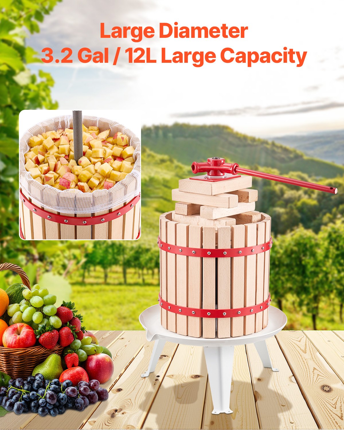 12L Fruit Wine Press Manual Solid Wood Juice Maker for Kitchen