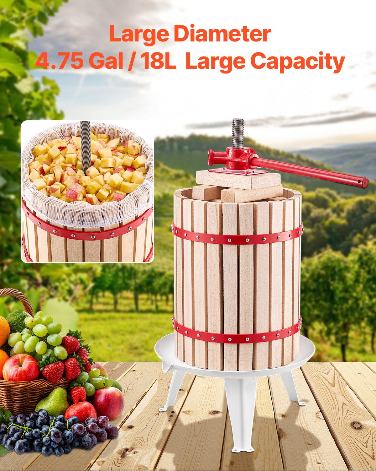 4.75 Gal/18L Fruit Wine Press Solid Wood Basket 8 Blocks Manual Juice Maker