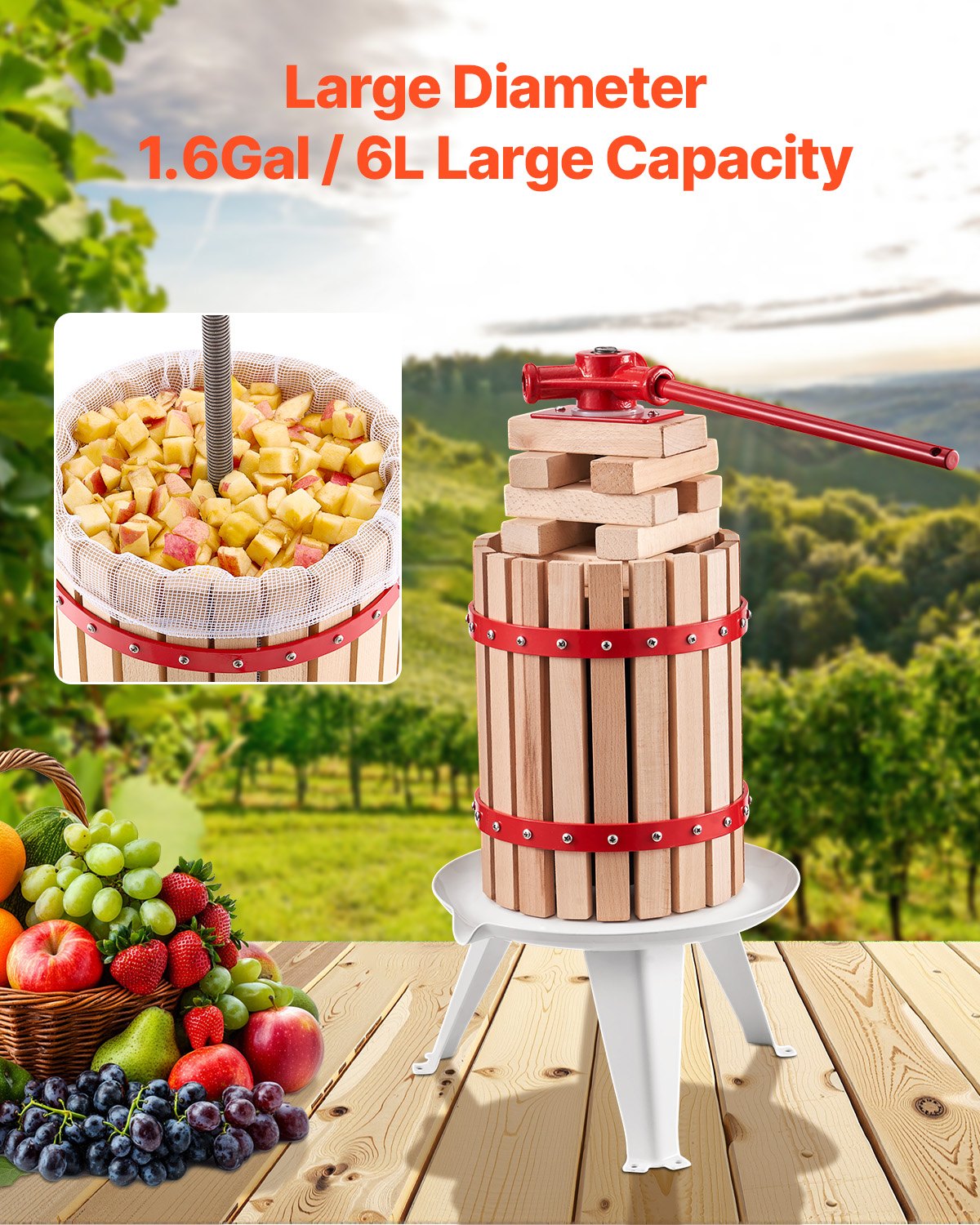 6L Fruit Wine Press Manual Solid Wood Juice Maker for Kitchen