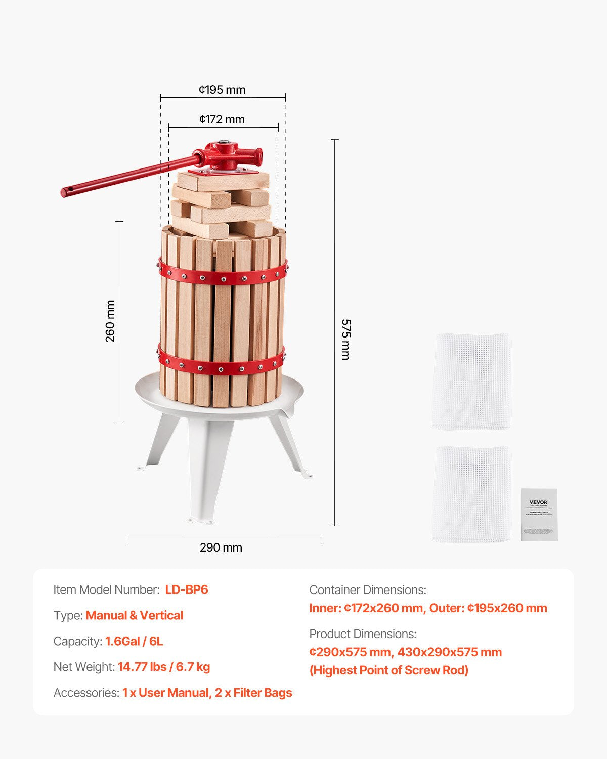 6L Fruit Wine Press Manual Solid Wood Juice Maker for Kitchen