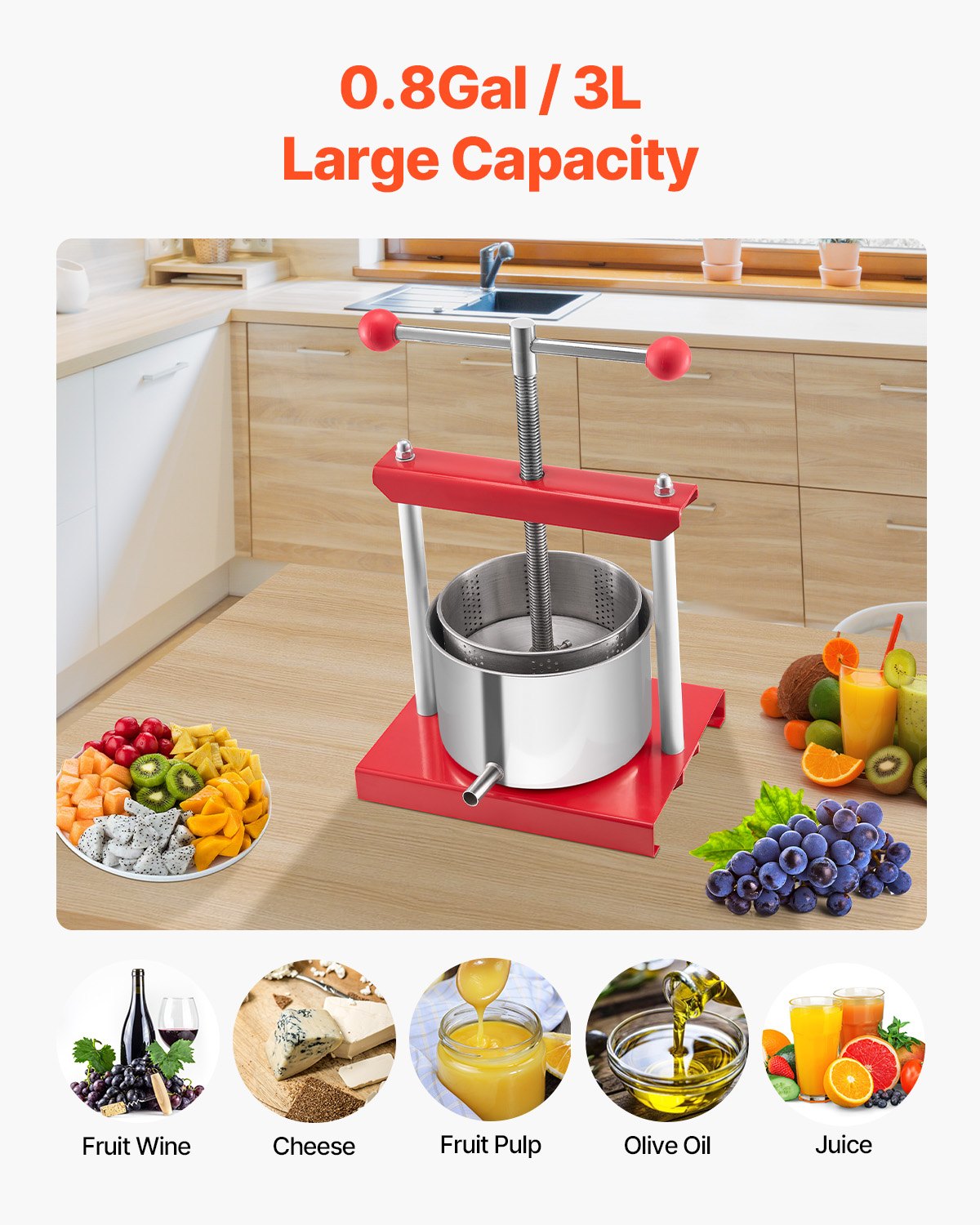 Fruit Wine Press Stainless Steel Manual Juice Cider Apple Grape T-Handle 3L