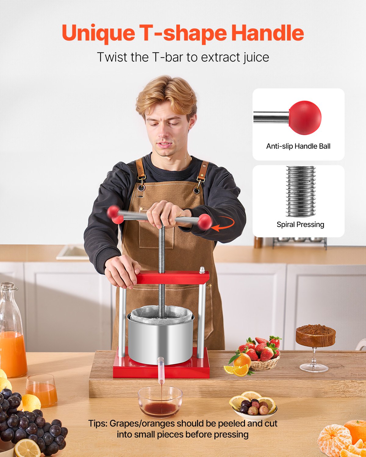 Fruit Wine Press Stainless Steel Manual Juice Cider Apple Grape T-Handle 3L