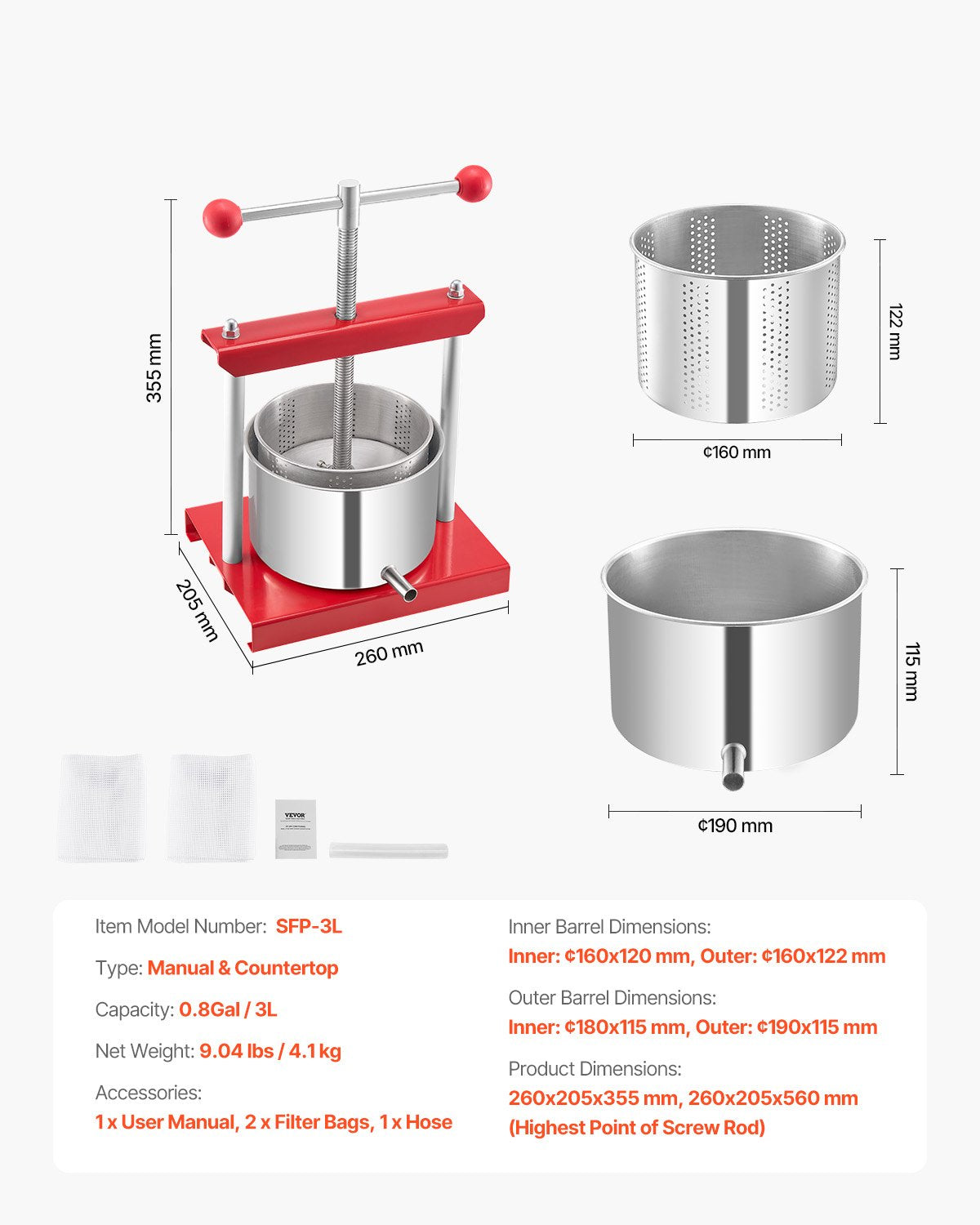 Fruit Wine Press Stainless Steel Manual Juice Cider Apple Grape T-Handle 3L