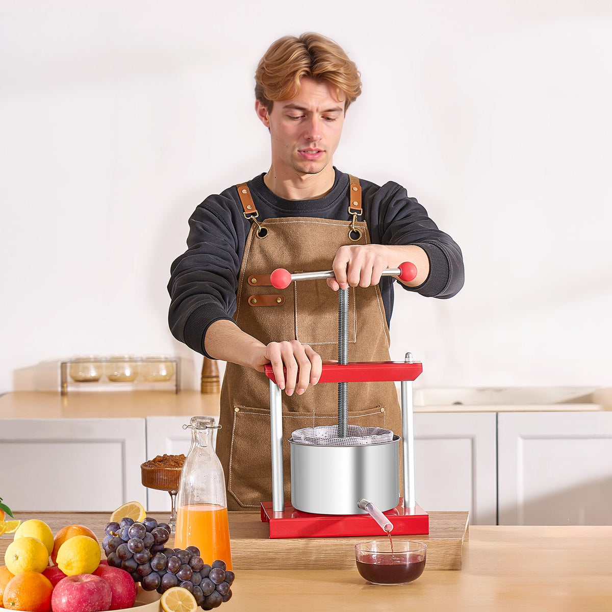 Fruit Wine Press Stainless Steel Manual Juice Cider Apple Grape T-Handle 3L