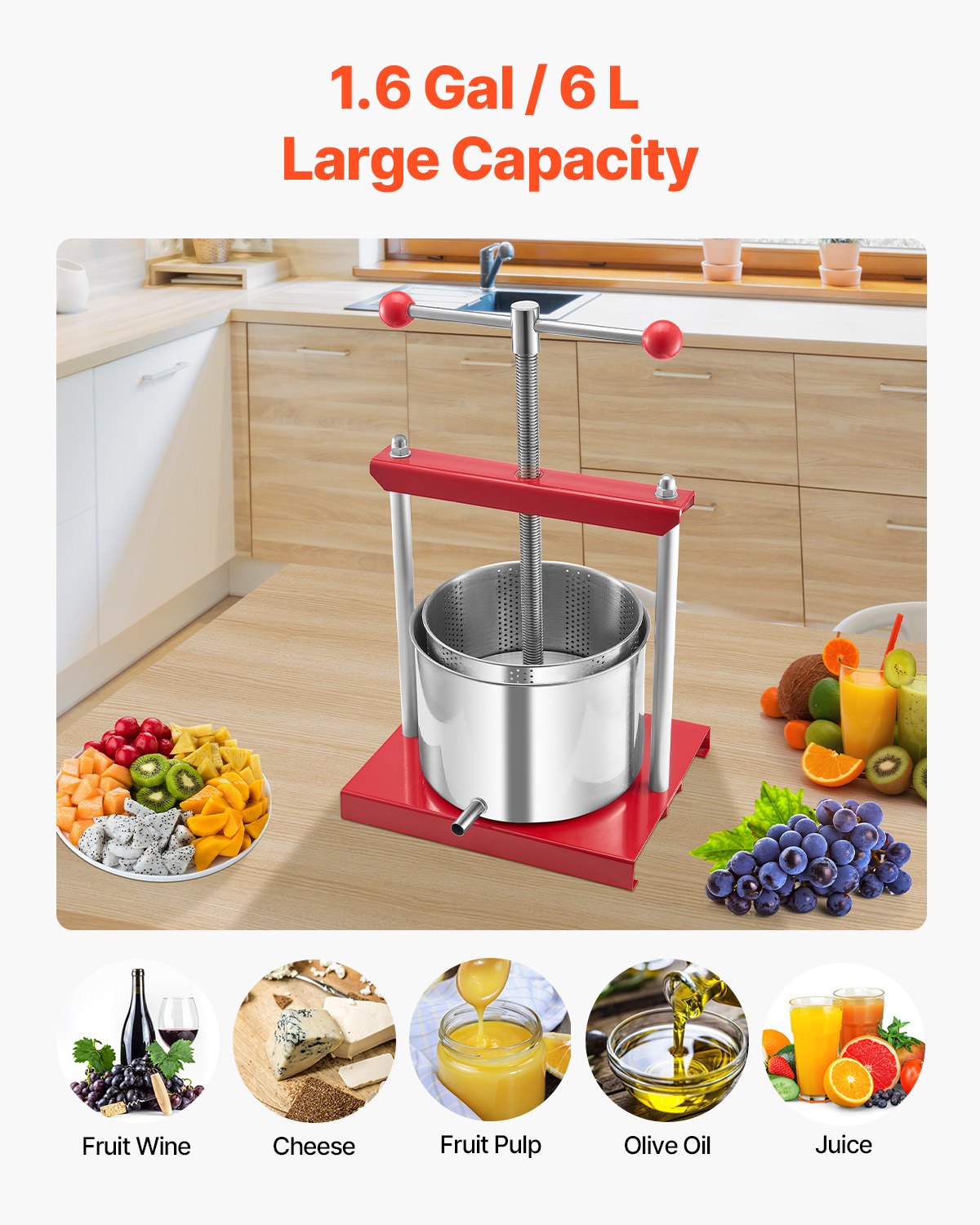 Fruit Wine Press Stainless Steel 6L 1.6 Gal Manual Juice Maker T-Handle