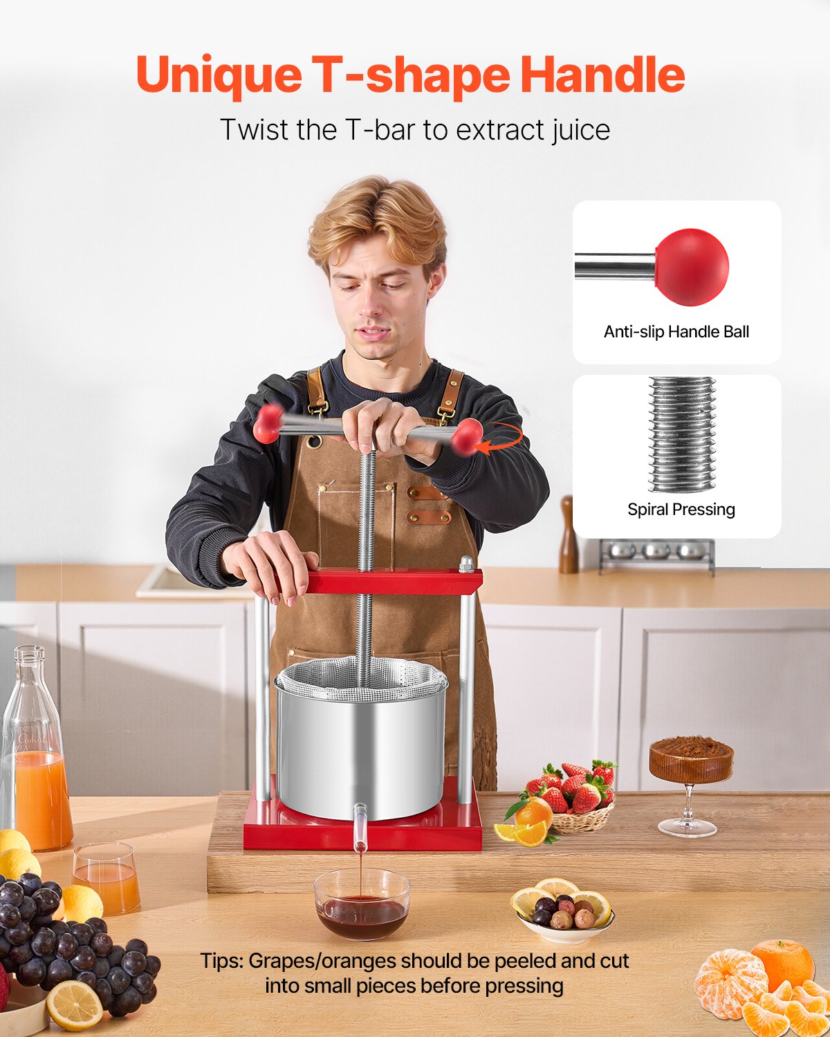 Fruit Wine Press Stainless Steel 6L 1.6 Gal Manual Juice Maker T-Handle