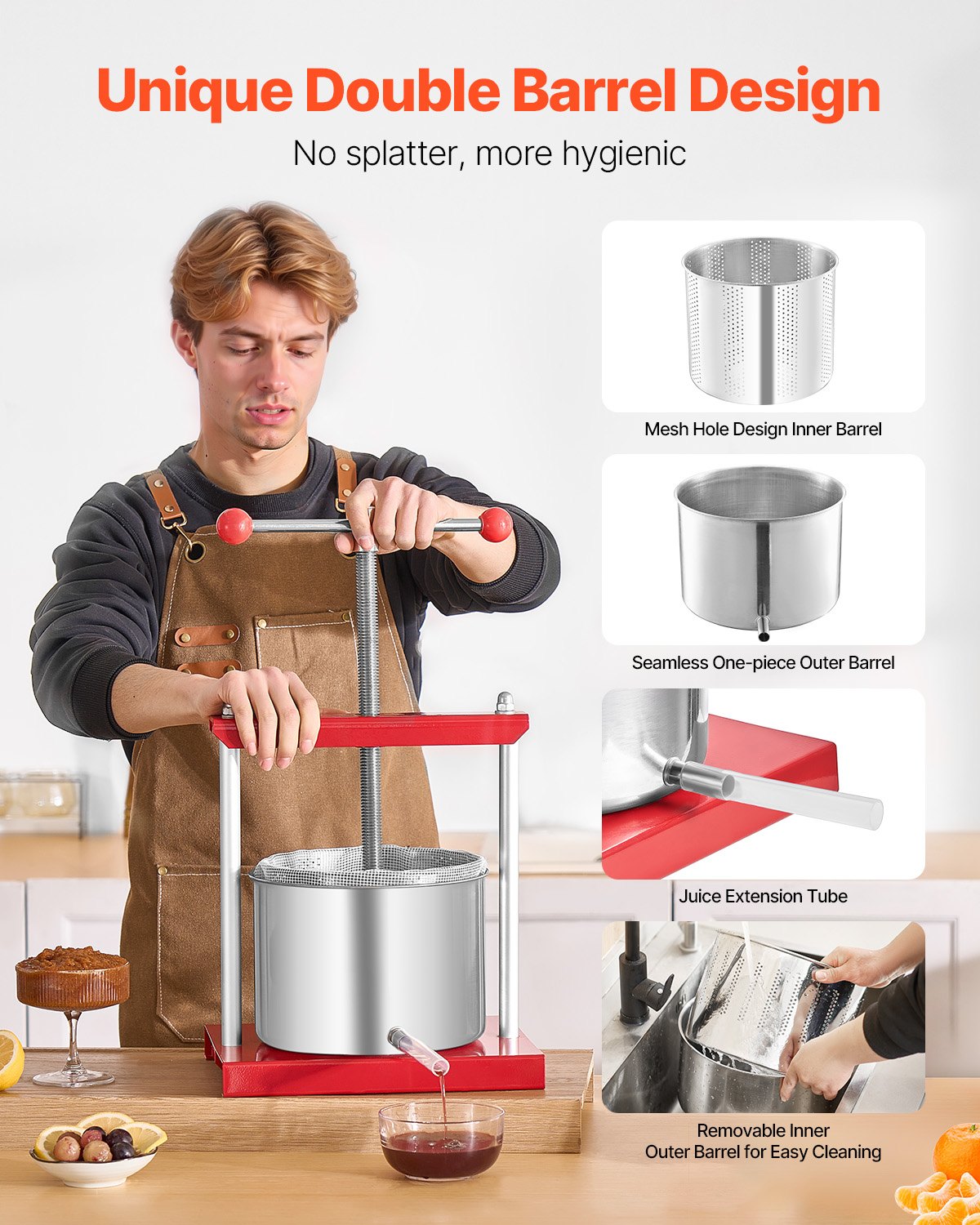 Fruit Wine Press Stainless Steel 6L 1.6 Gal Manual Juice Maker T-Handle