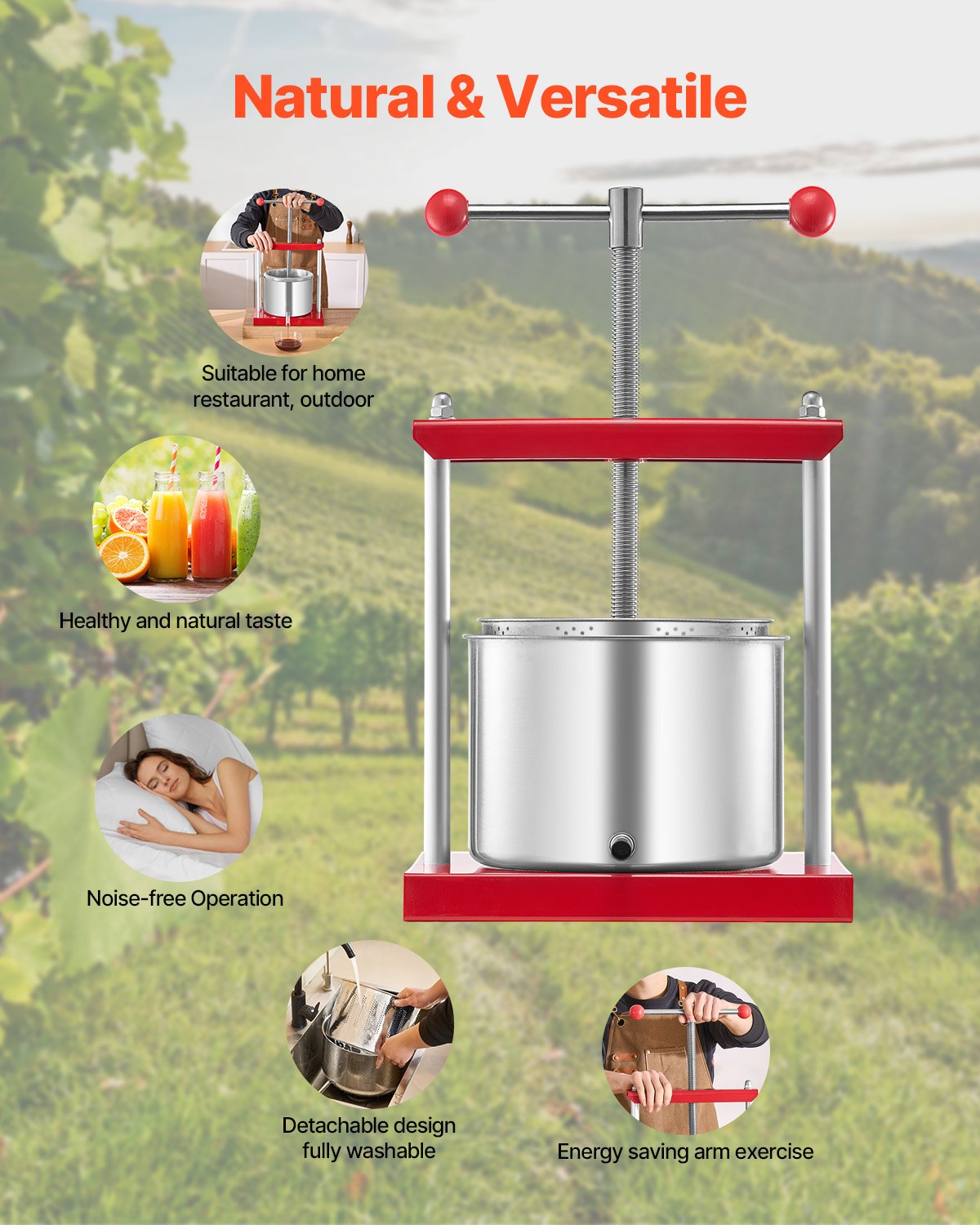 Fruit Wine Press Stainless Steel 6L 1.6 Gal Manual Juice Maker T-Handle