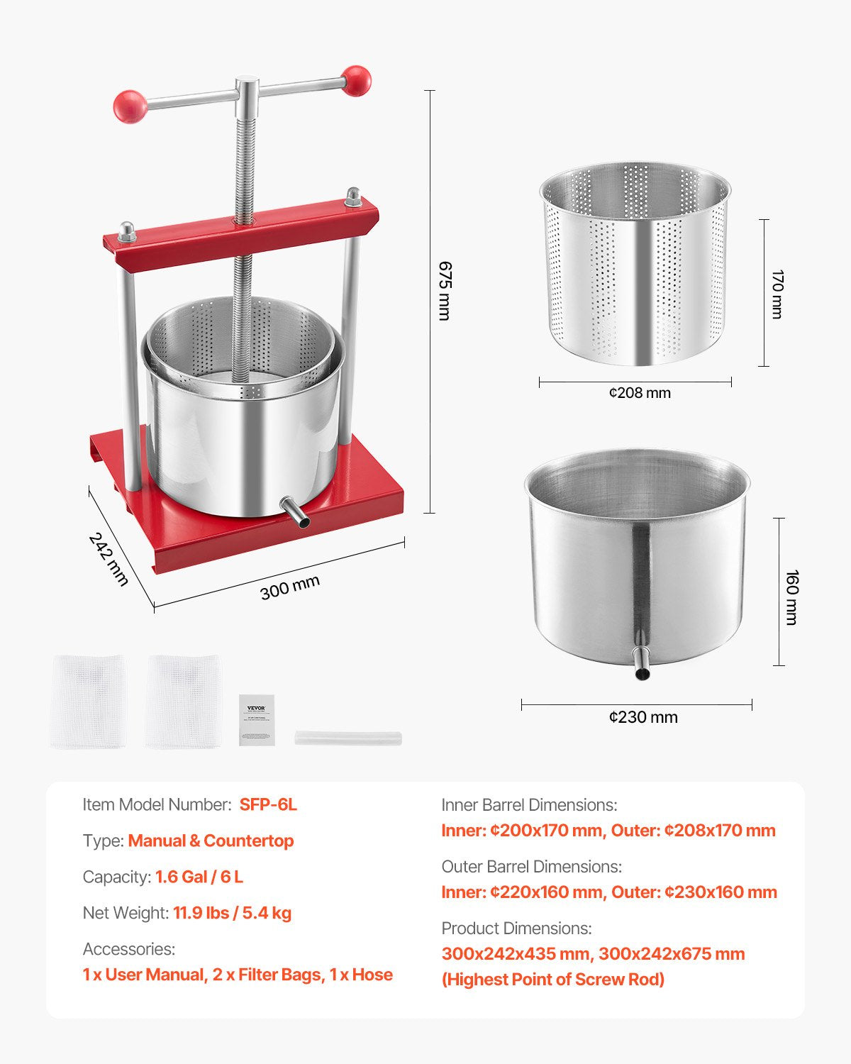 Fruit Wine Press Stainless Steel 6L 1.6 Gal Manual Juice Maker T-Handle