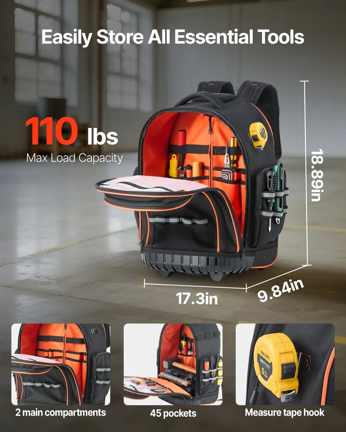 Rolling Tool Backpack 110lbs Load 45 Pockets Heavy Duty Roller Bag w/Wheels
