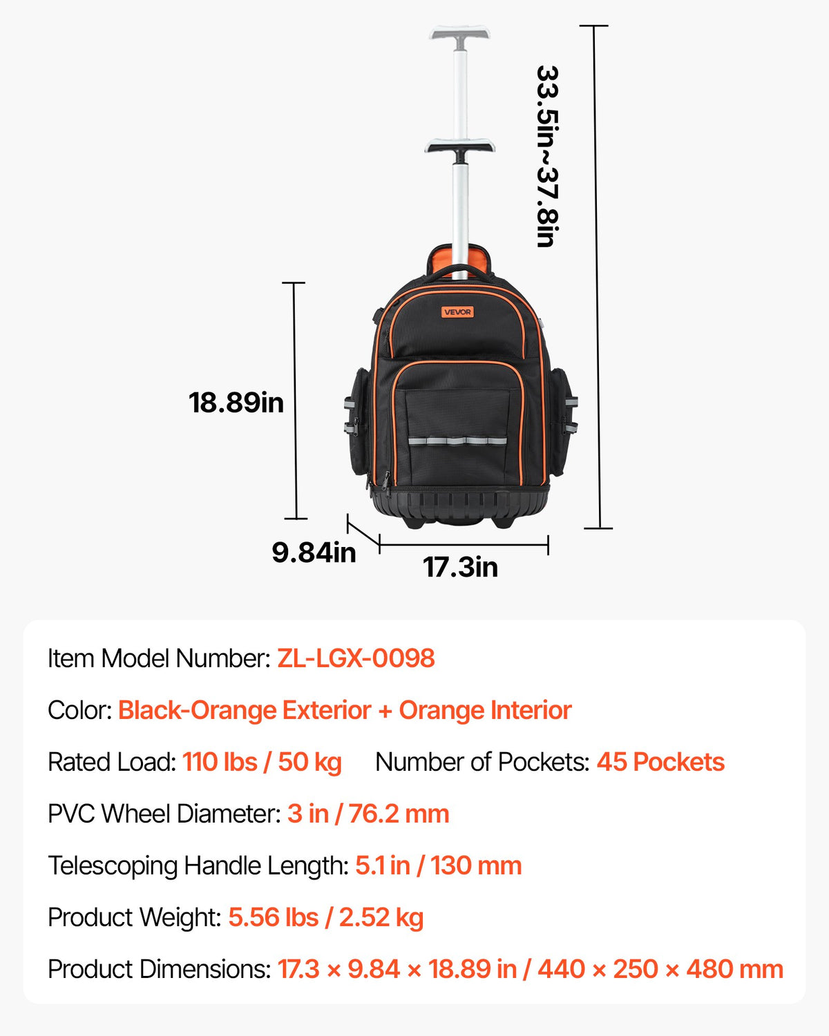 Rolling Tool Backpack 110lbs Load 45 Pockets Heavy Duty Roller Bag w/Wheels