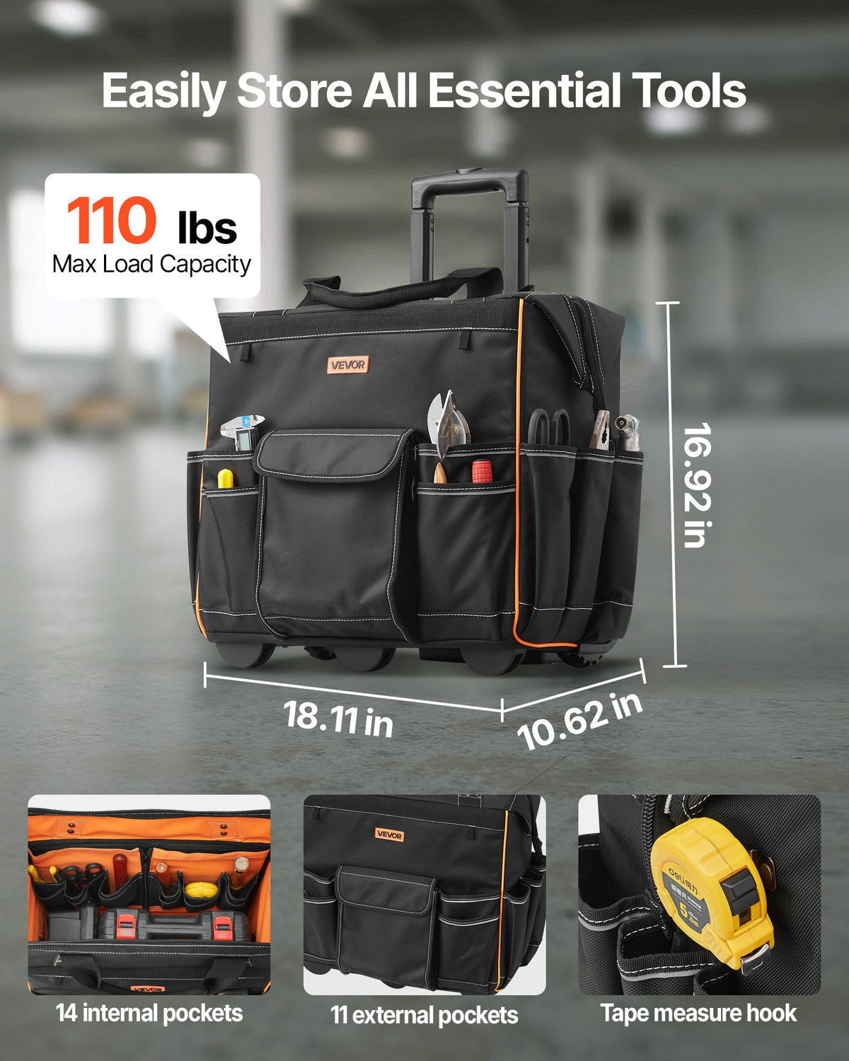 Rolling Tool Bag 110lbs 25 Pockets Heavy Duty Telescoping Handle Wheels Stable