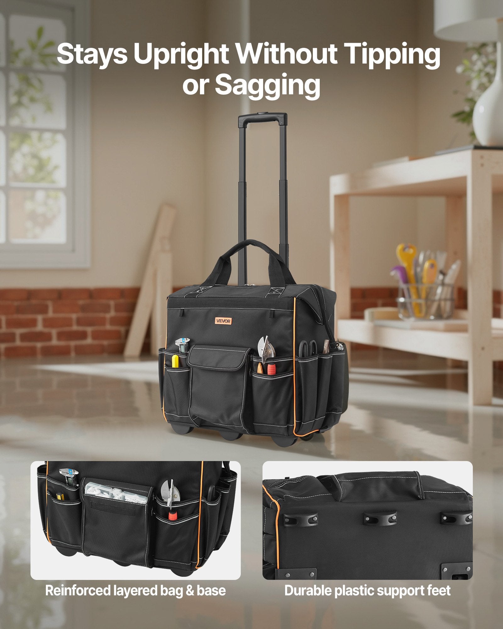 Rolling Tool Bag 110lbs 25 Pockets Heavy Duty Telescoping Handle Wheels Stable