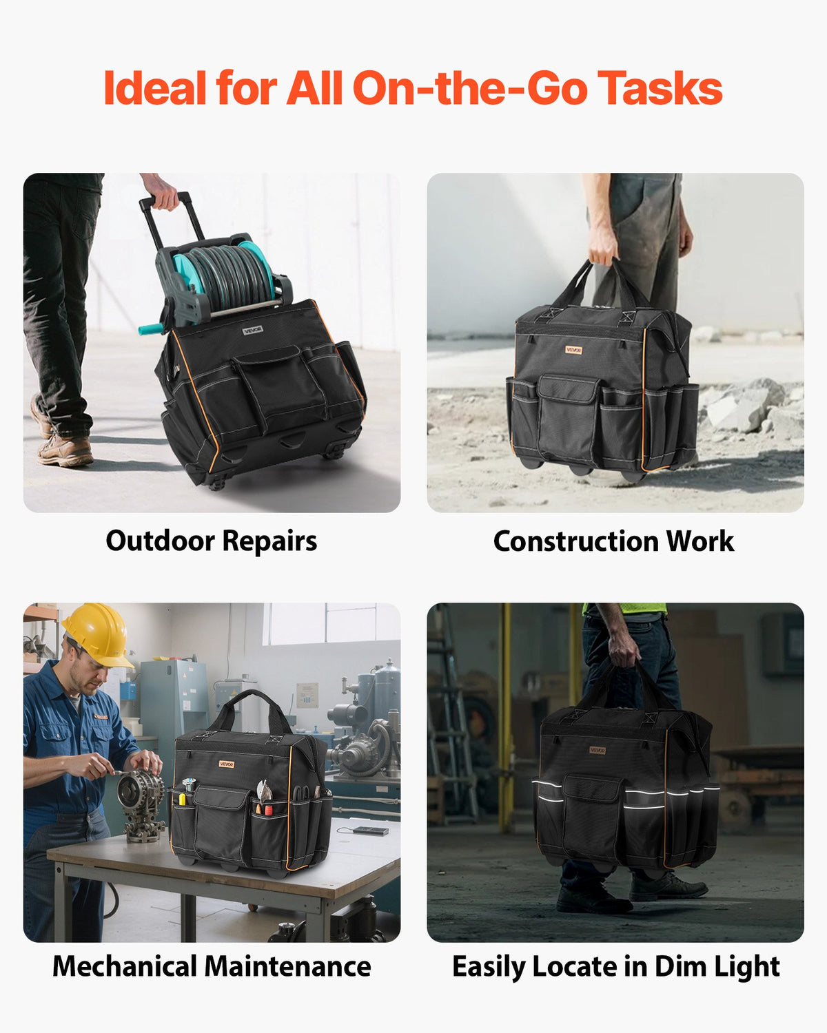 Rolling Tool Bag 110lbs 25 Pockets Heavy Duty Telescoping Handle Wheels Stable