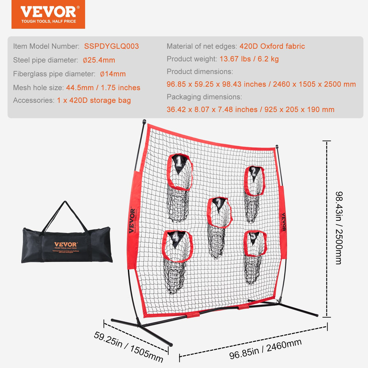 8 x 8 ft Football Trainer Throwing Net with 5 Target Pockets