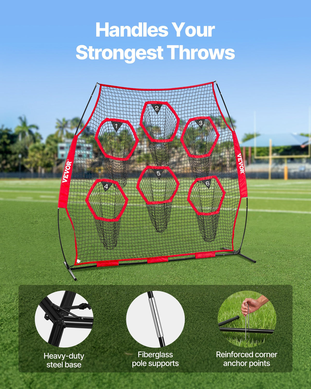 2438.4x2438.4mm Football Trainer Throwing Net with 6 Target Pockets, Red