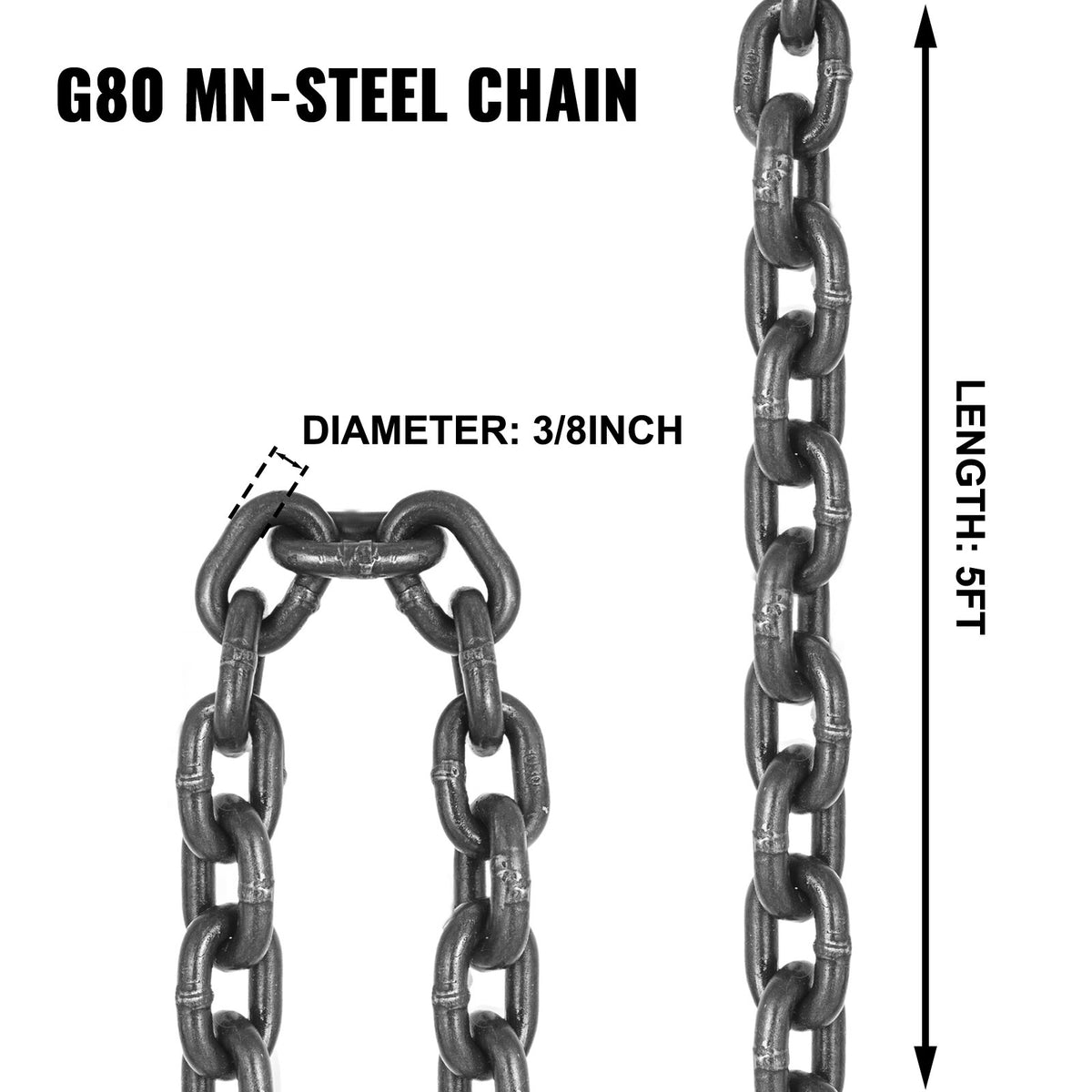 10mm x 150cm Chain Sling G80 2-Leg Lifting Chain with Hooks 5 Ton Capacity