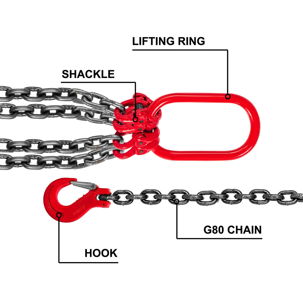 8mm x 1m Chain Sling G80 4-Leg Lifting Chain with Hooks 5 Ton Capacity