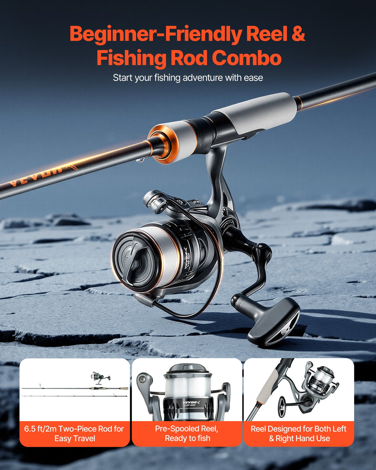 IM6 Rod and Fishing Reel Combo 2m Two Piece Spinning Rod with 6+1 Bearings