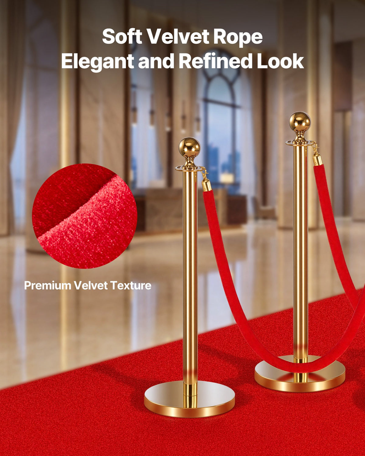 Stanchion Ropes 2Pc Red Velvet 1.5m Crowd Control Gold Hooks Queue Barrier Event