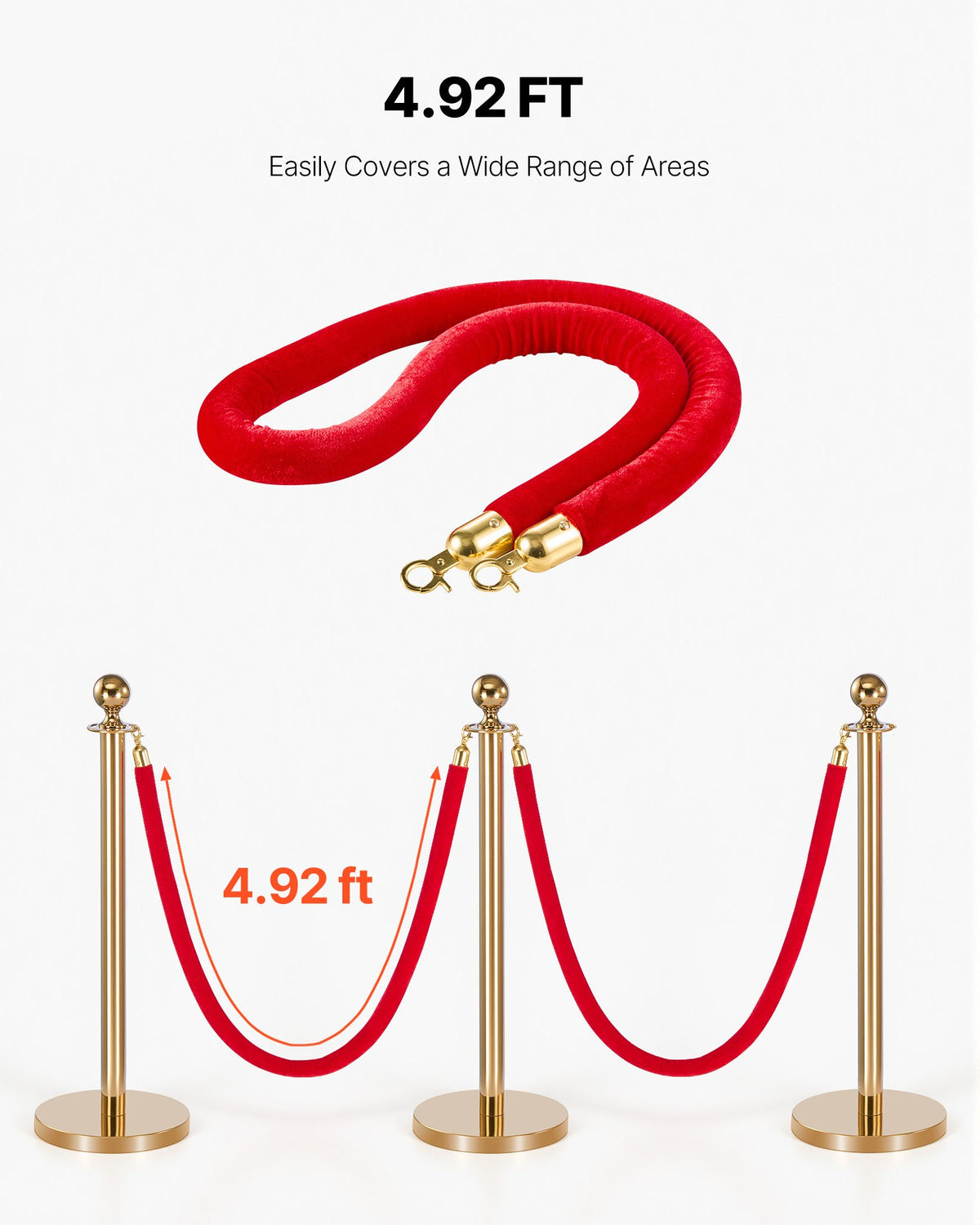 Stanchion Ropes 2Pc Red Velvet 1.5m Crowd Control Gold Hooks Queue Barrier Event