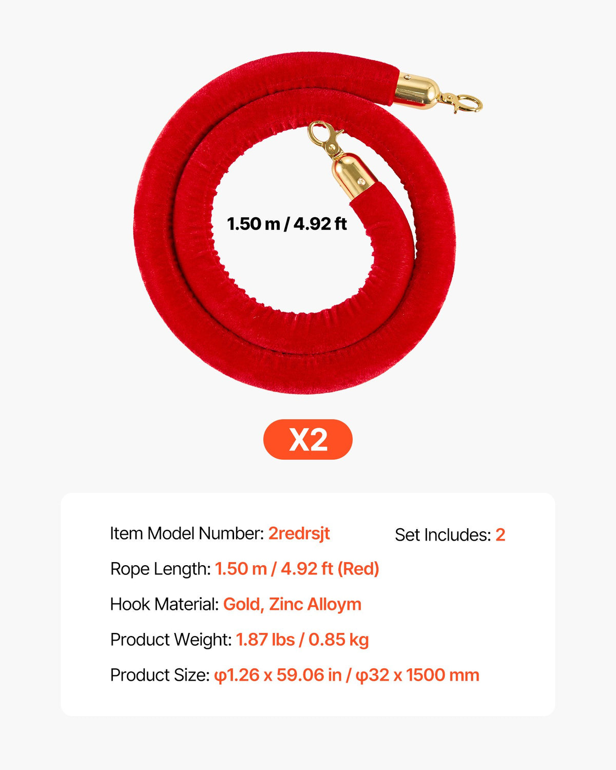 Stanchion Ropes 2Pc Red Velvet 1.5m Crowd Control Gold Hooks Queue Barrier Event