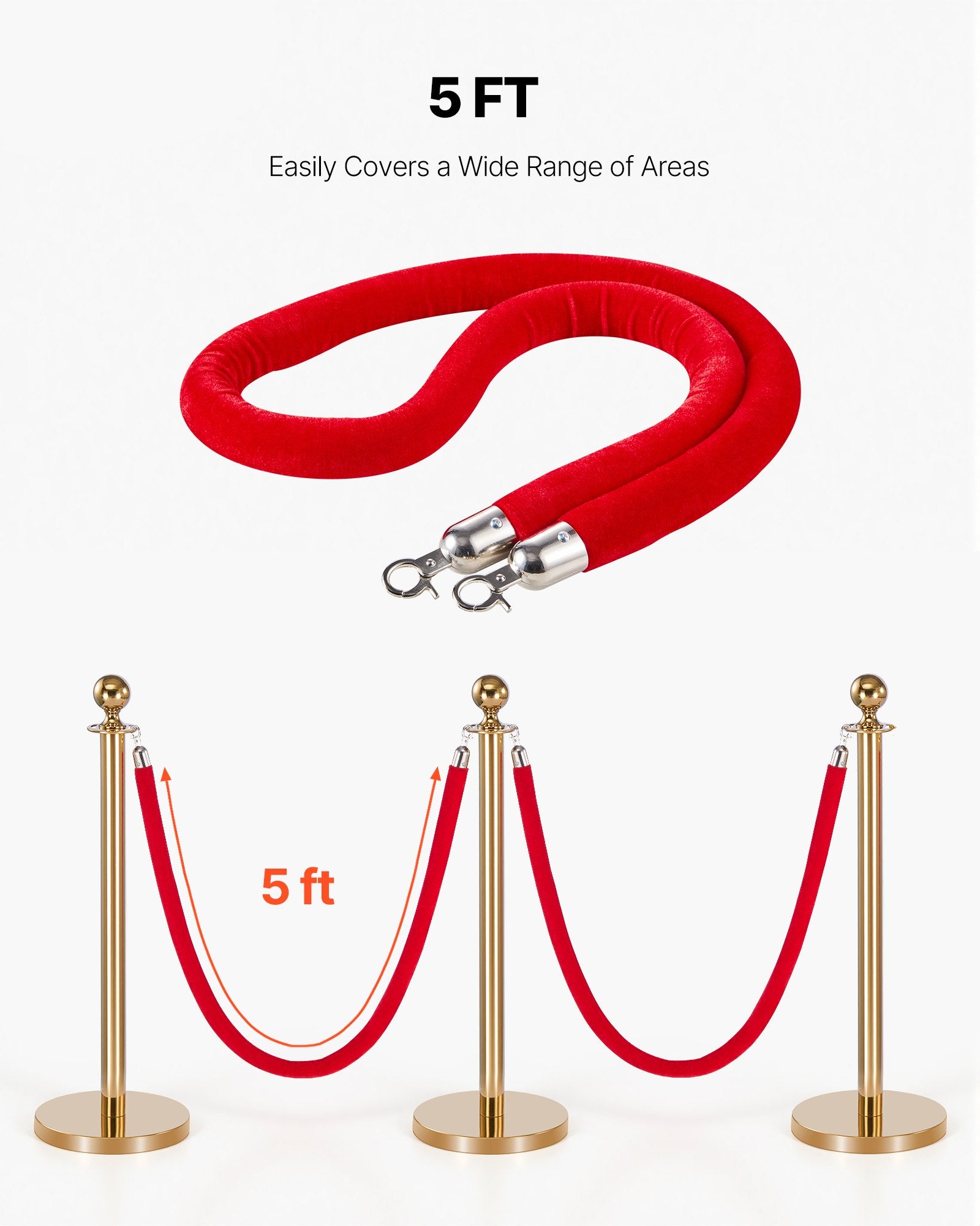 Stanchion Ropes 4Pcs Red Velvet 1.5m Crowd Control Slvr Hooks Q Barrier Event