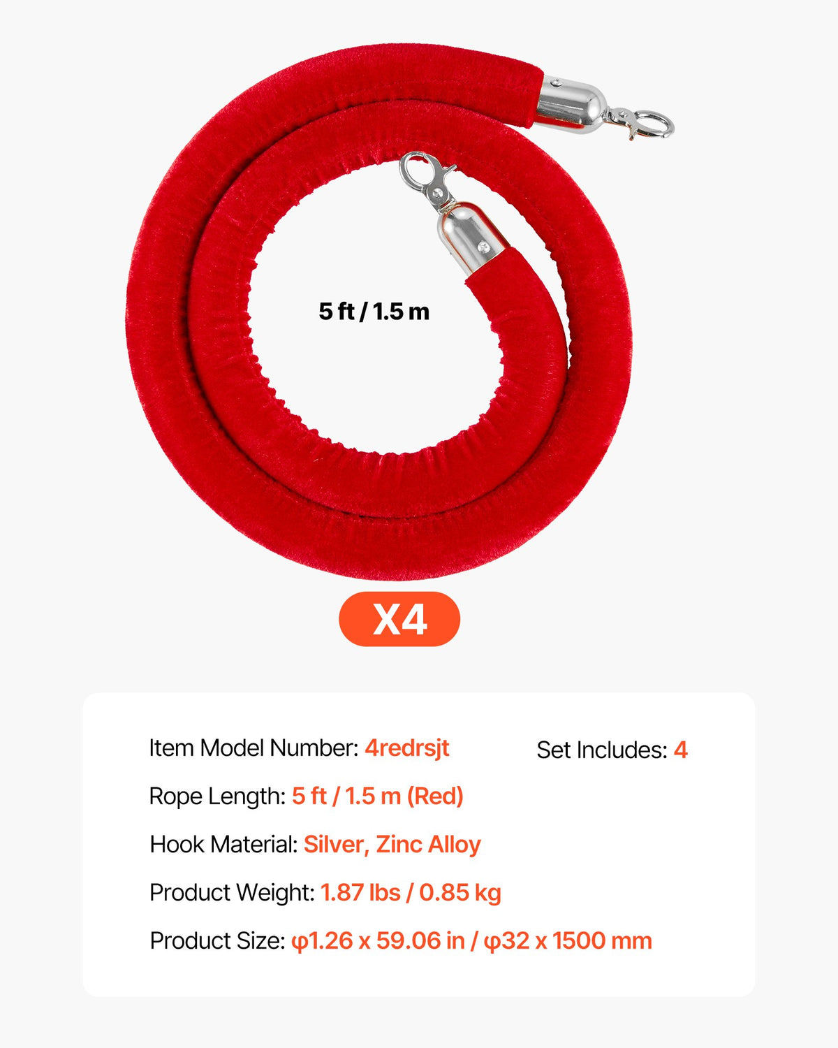 Stanchion Ropes 4Pcs Red Velvet 1.5m Crowd Control Slvr Hooks Q Barrier Event