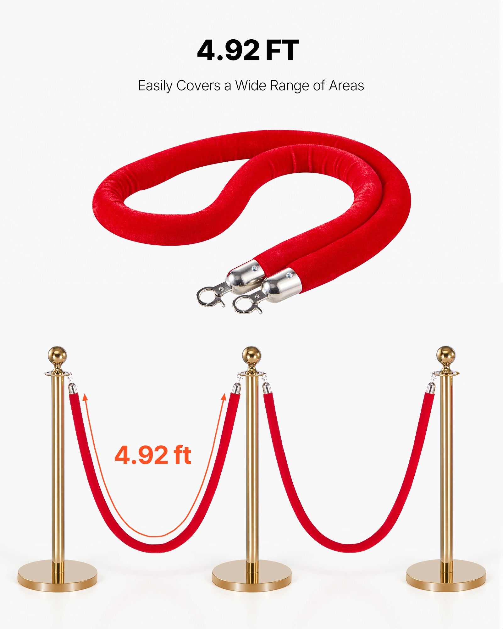 2PCS Red Velvet Stanchion Ropes 1.5m Queue Barrier with Silver Hooks Event Rope