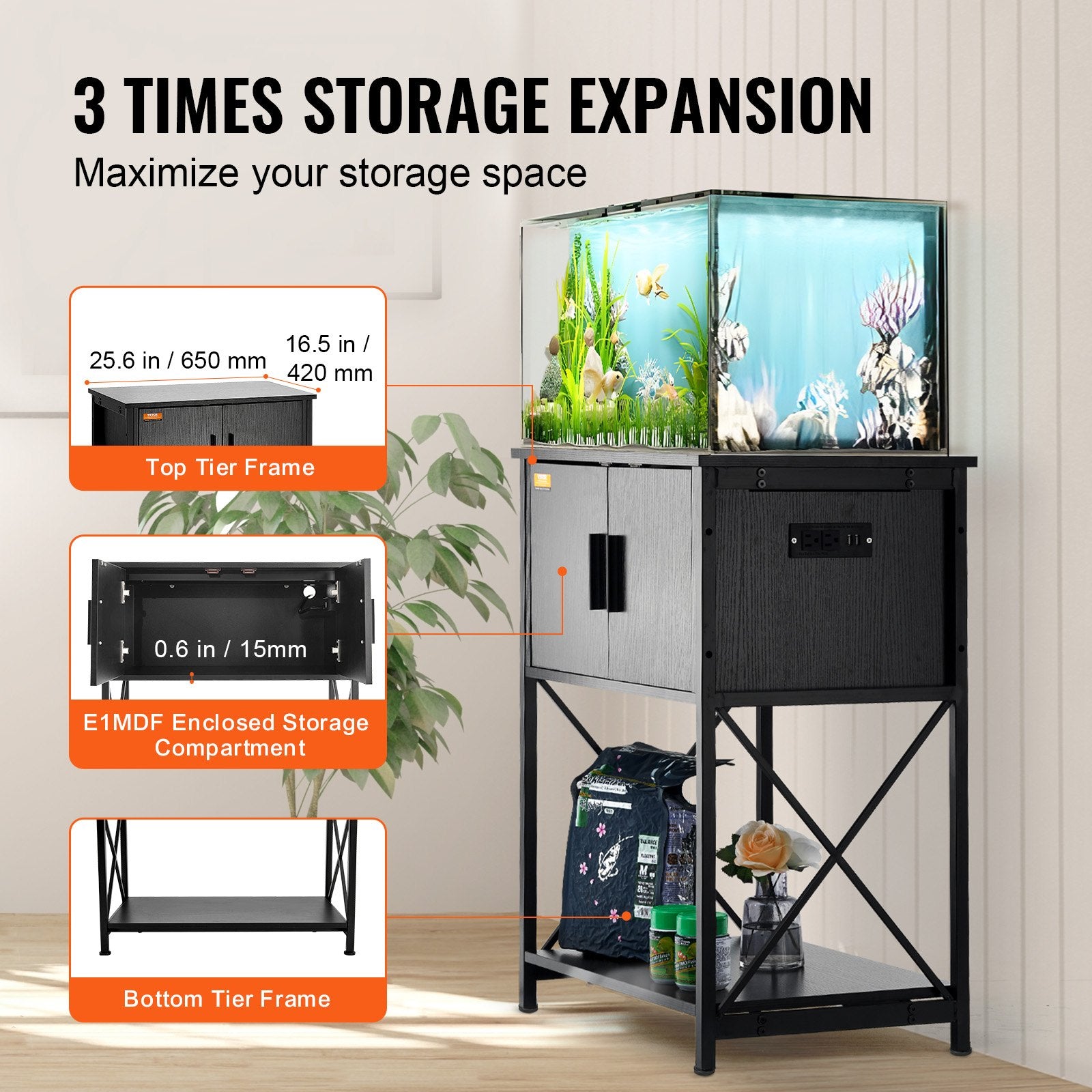 Aquarium Stand 20 Gallon Fish Tank Steel MDF Stand Storage Cabinet Black