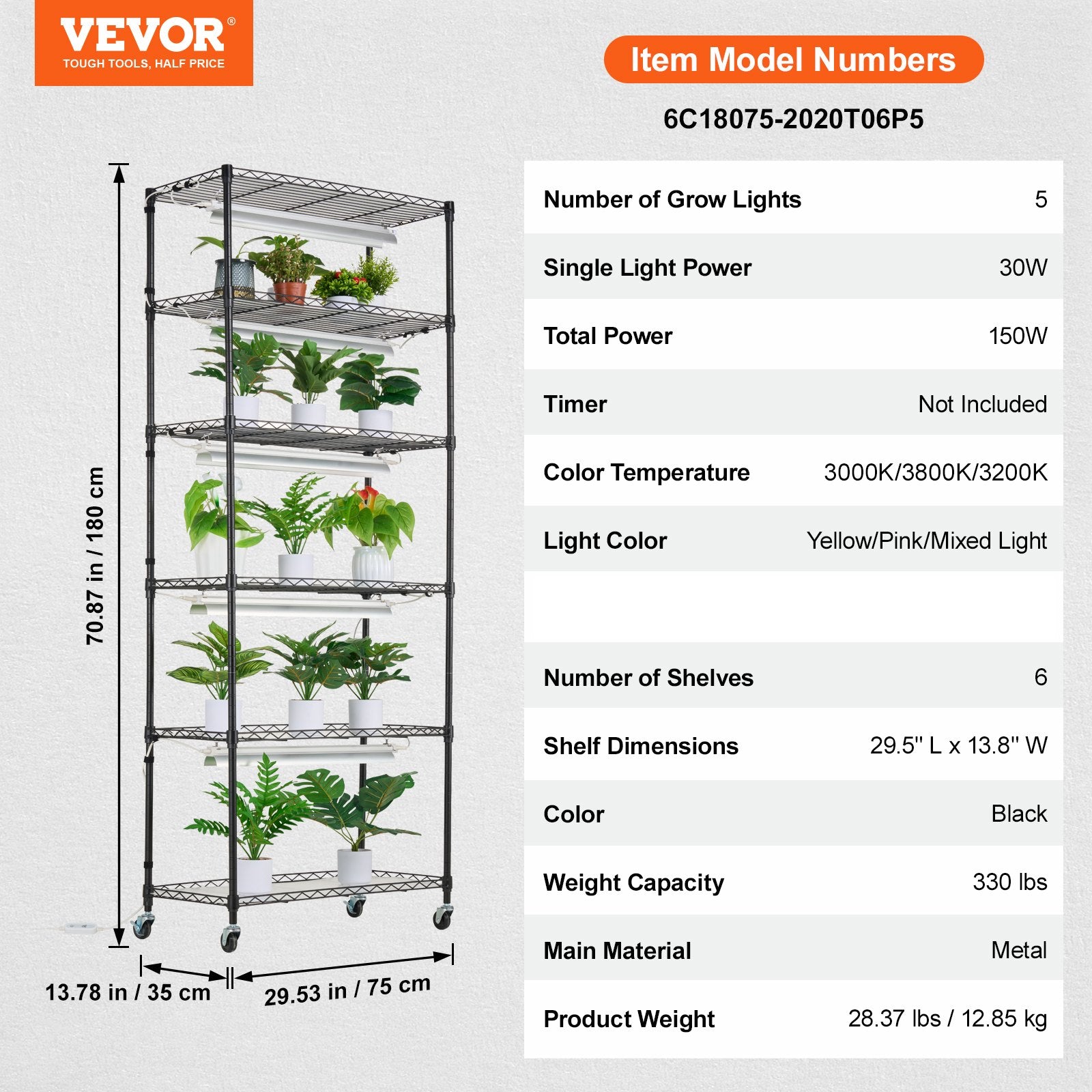 Plant Stand with Grow Light 6-Tier Shelf 150W Full Spectrum Light with Timer