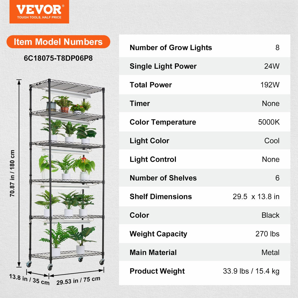 Plant Stand with Grow Light 6 Tiers 192W DIY Metal Shelf with Adjustable Rack