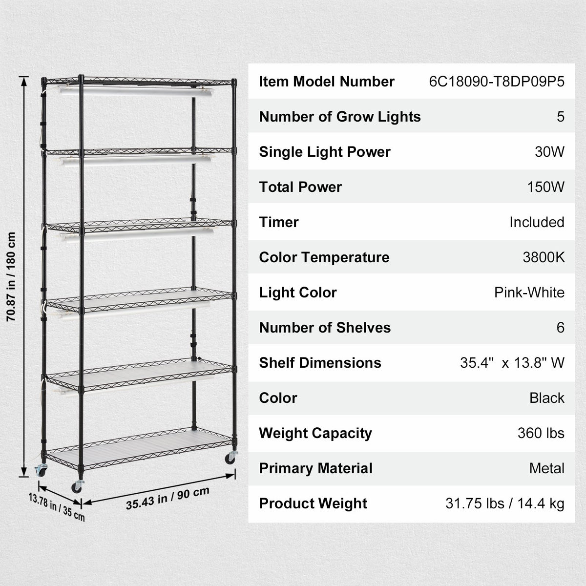 Plant Stand with Grow Light 6 Tiers 150W Metal Shelf 3 Modes Timer 90x35x180cm