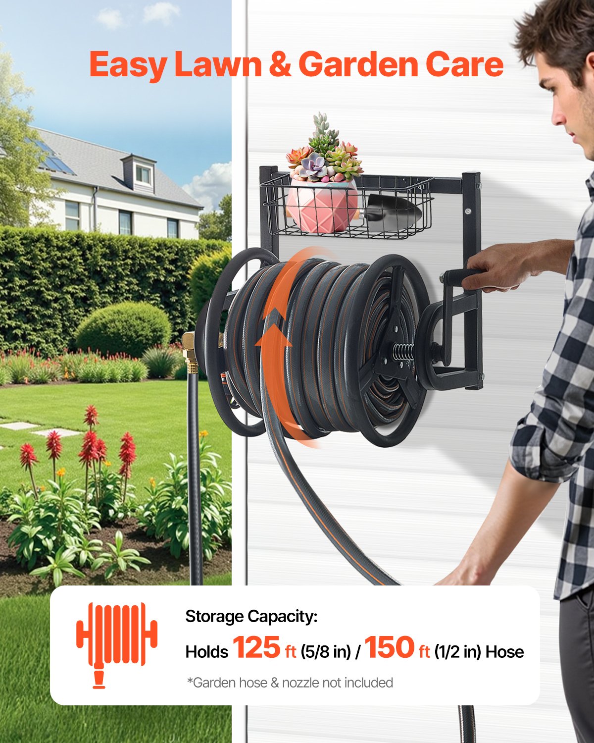 Wall Mounted Garden Hose Reel Holds 125ft Heavy-Duty Manual Brass Fitting