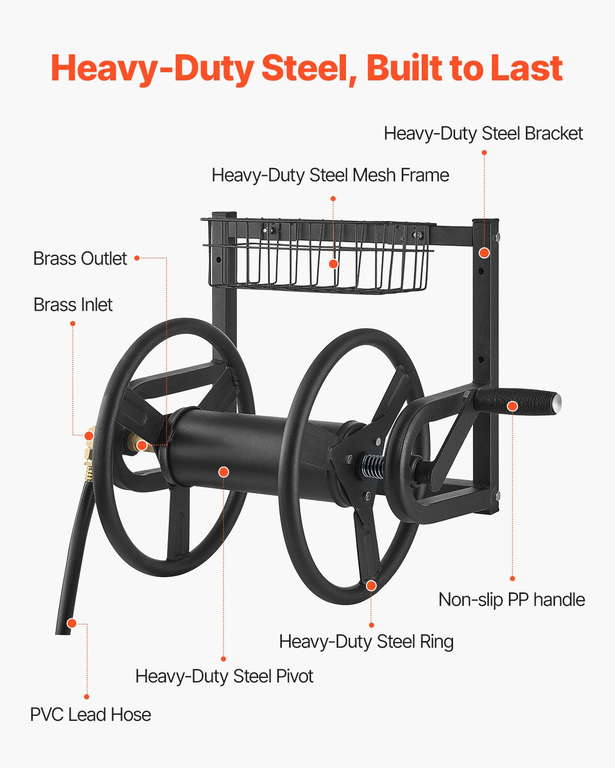 Wall Mounted Garden Hose Reel Holds 125ft Heavy-Duty Manual Brass Fitting