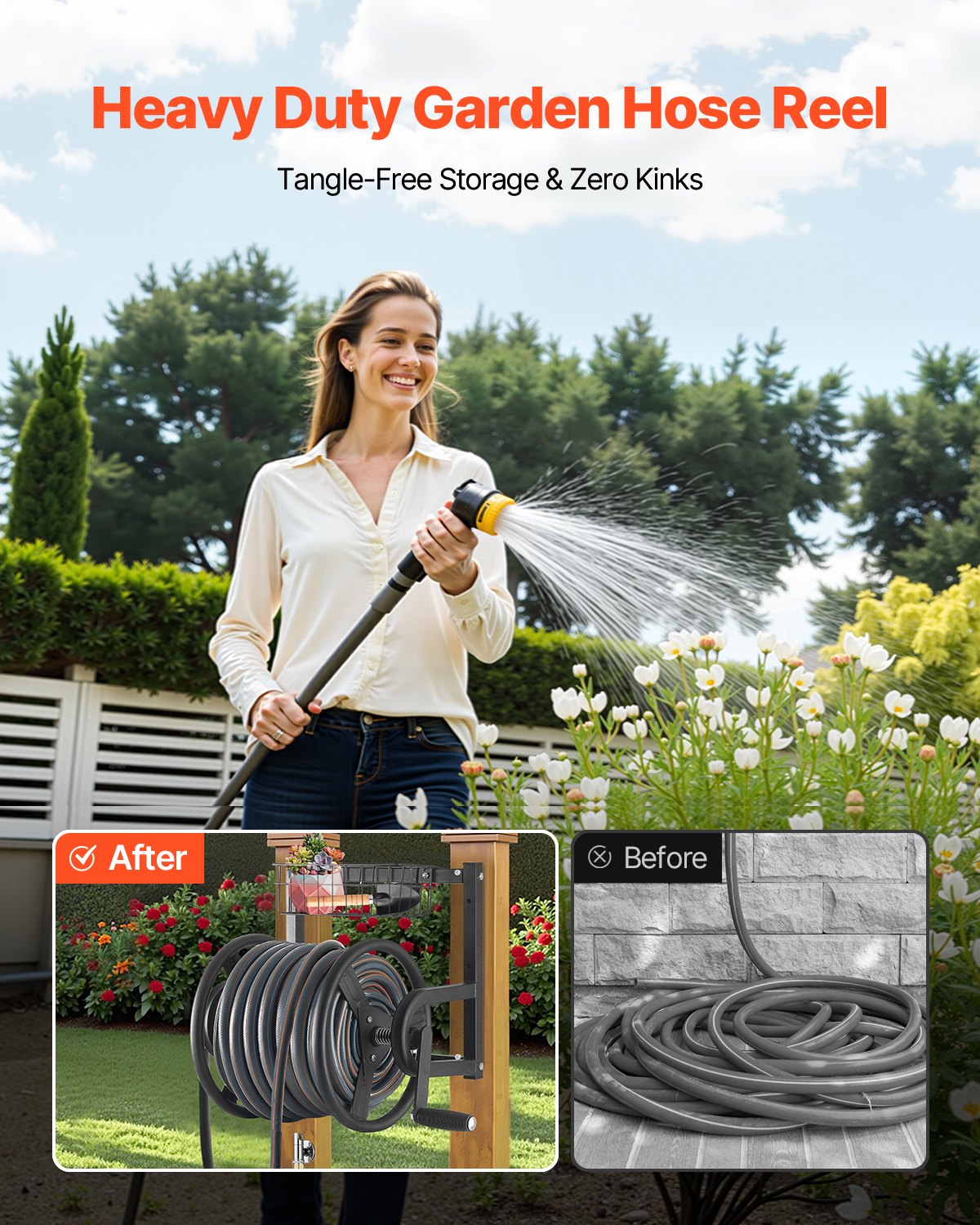 Wall Mounted Garden Hose Reel Holds 125ft Heavy-Duty Manual Brass Fitting