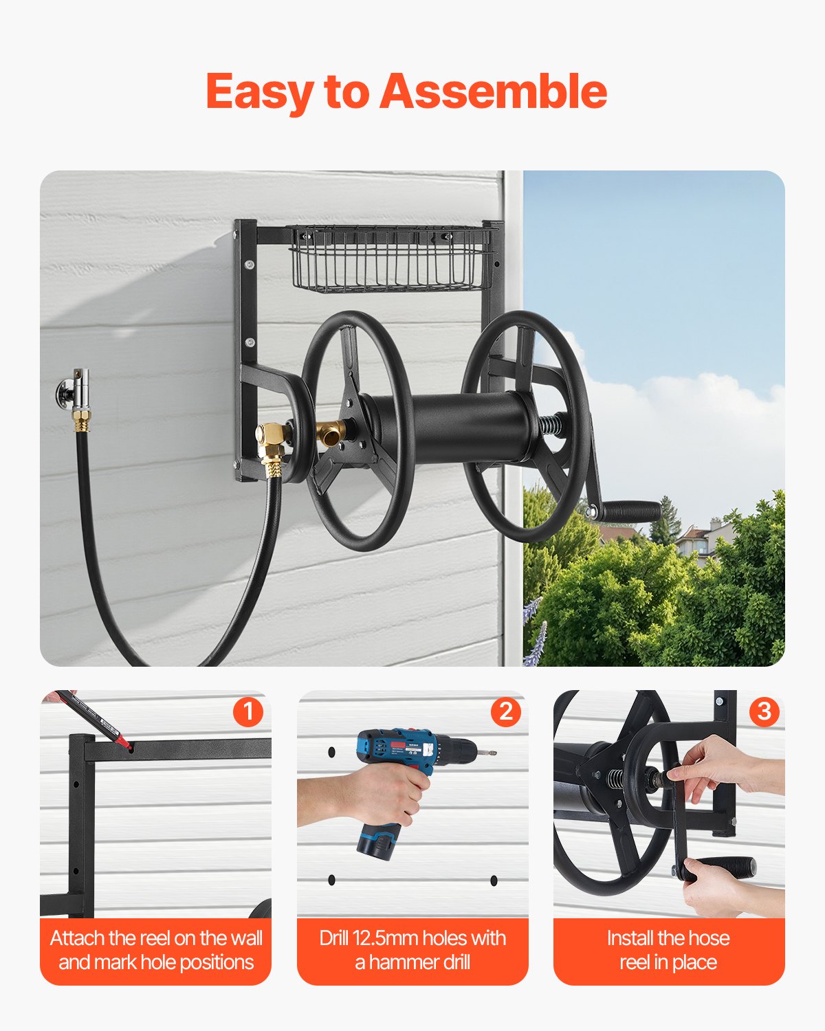 Wall Mounted Garden Hose Reel Holds 125ft Heavy-Duty Manual Brass Fitting