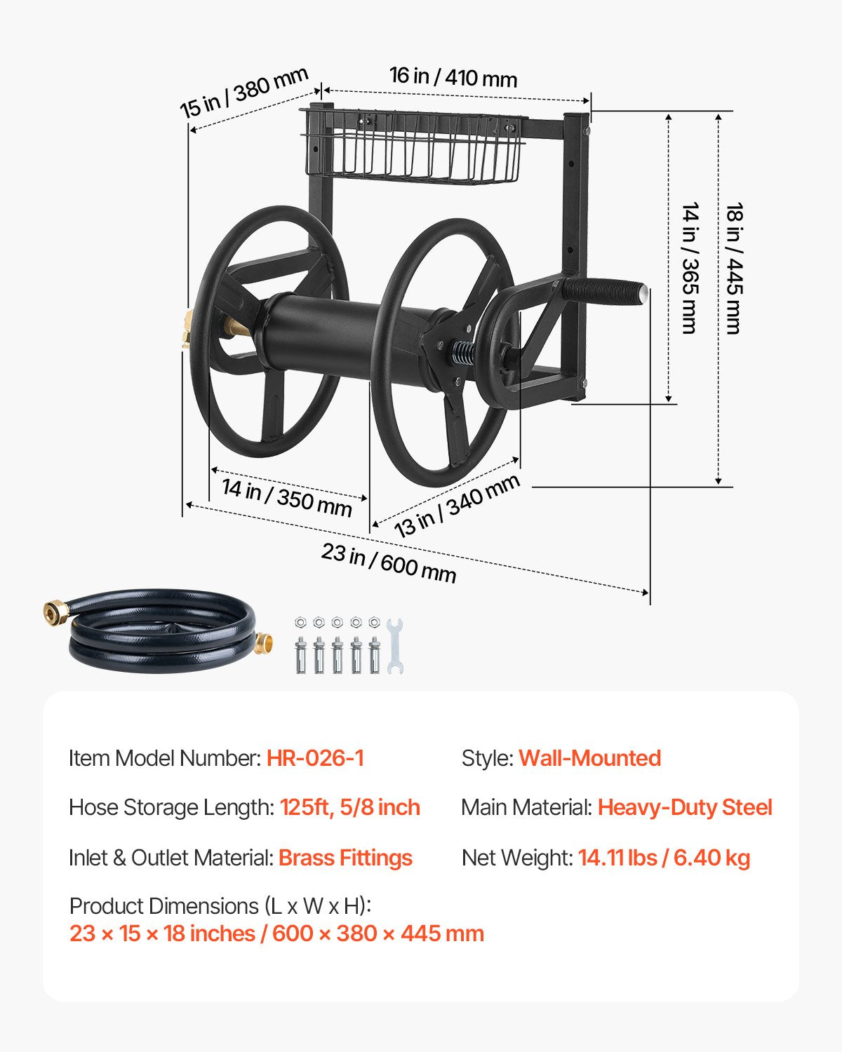 Wall Mounted Garden Hose Reel Holds 125ft Heavy-Duty Manual Brass Fitting