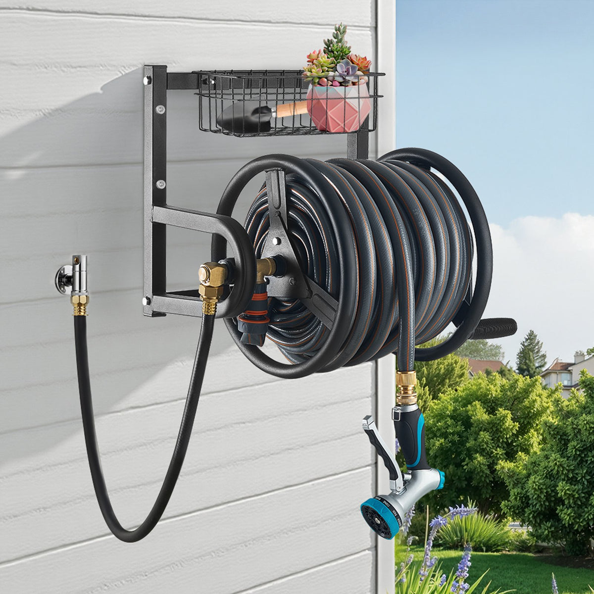 Wall Mounted Garden Hose Reel Holds 125ft Heavy-Duty Manual Brass Fitting