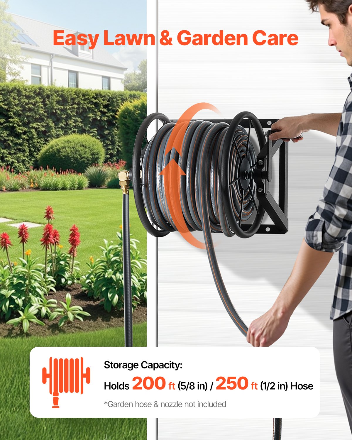 Wall Mounted Garden Hose Reel 200ft 5/8in Heavy Duty Steel w/ Brass Fitting