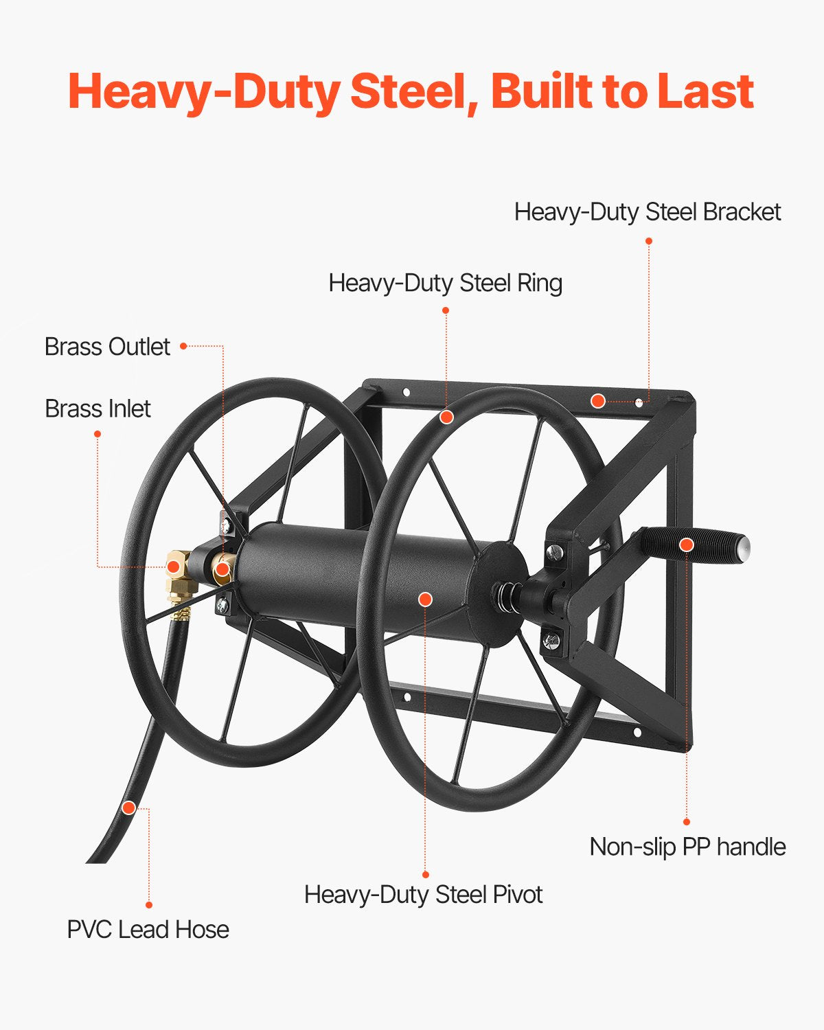 Wall Mounted Garden Hose Reel 200ft 5/8in Heavy Duty Steel w/ Brass Fitting