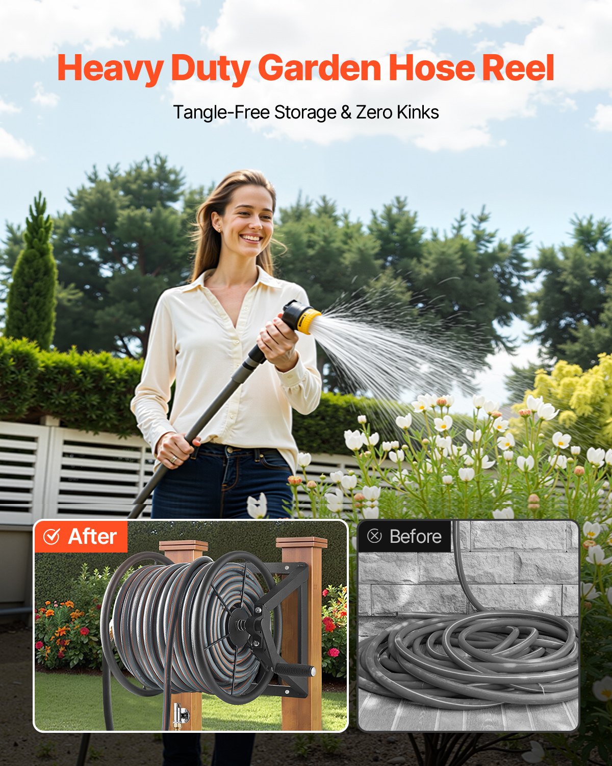 Wall Mounted Garden Hose Reel 200ft 5/8in Heavy Duty Steel w/ Brass Fitting