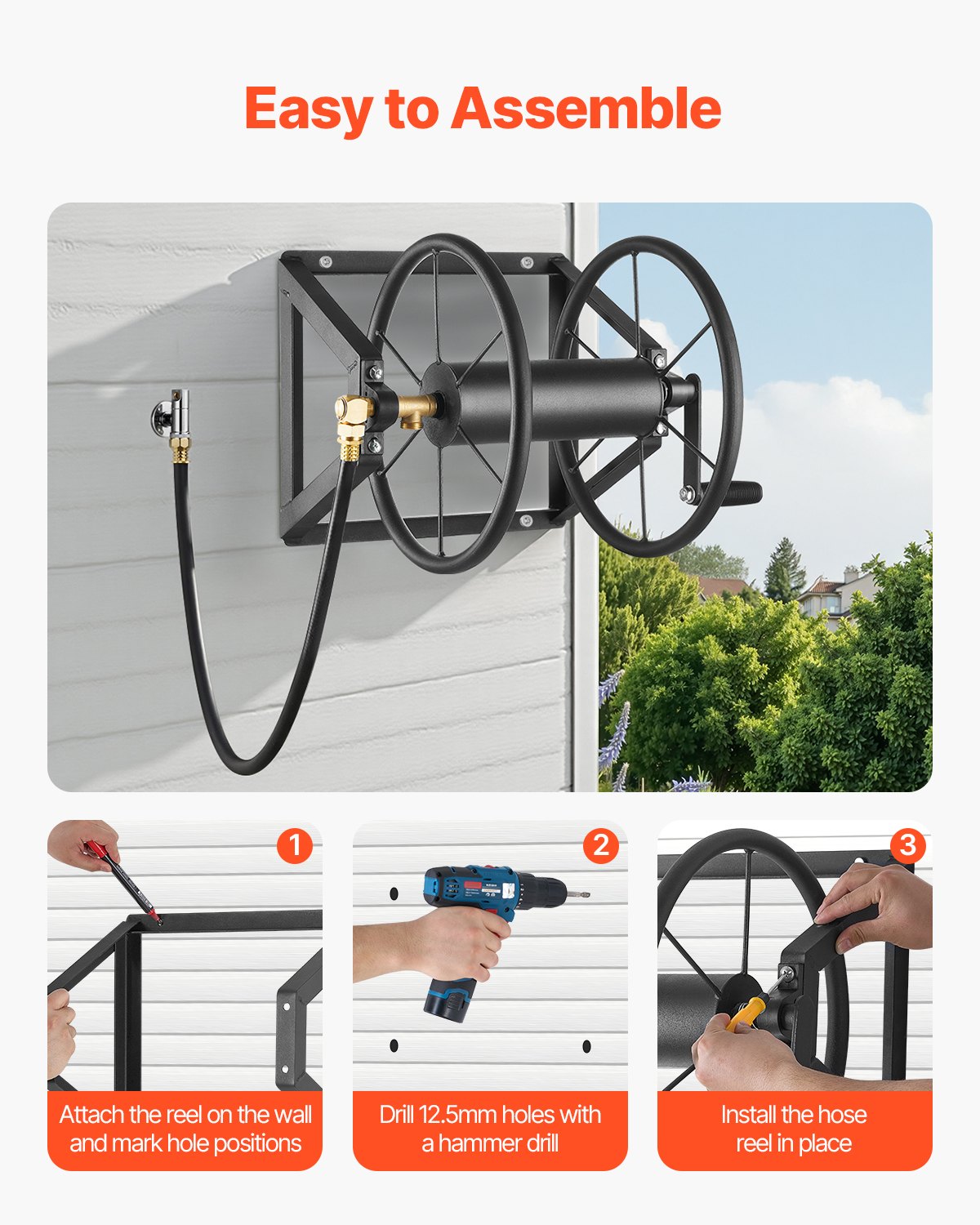 Wall Mounted Garden Hose Reel 200ft 5/8in Heavy Duty Steel w/ Brass Fitting