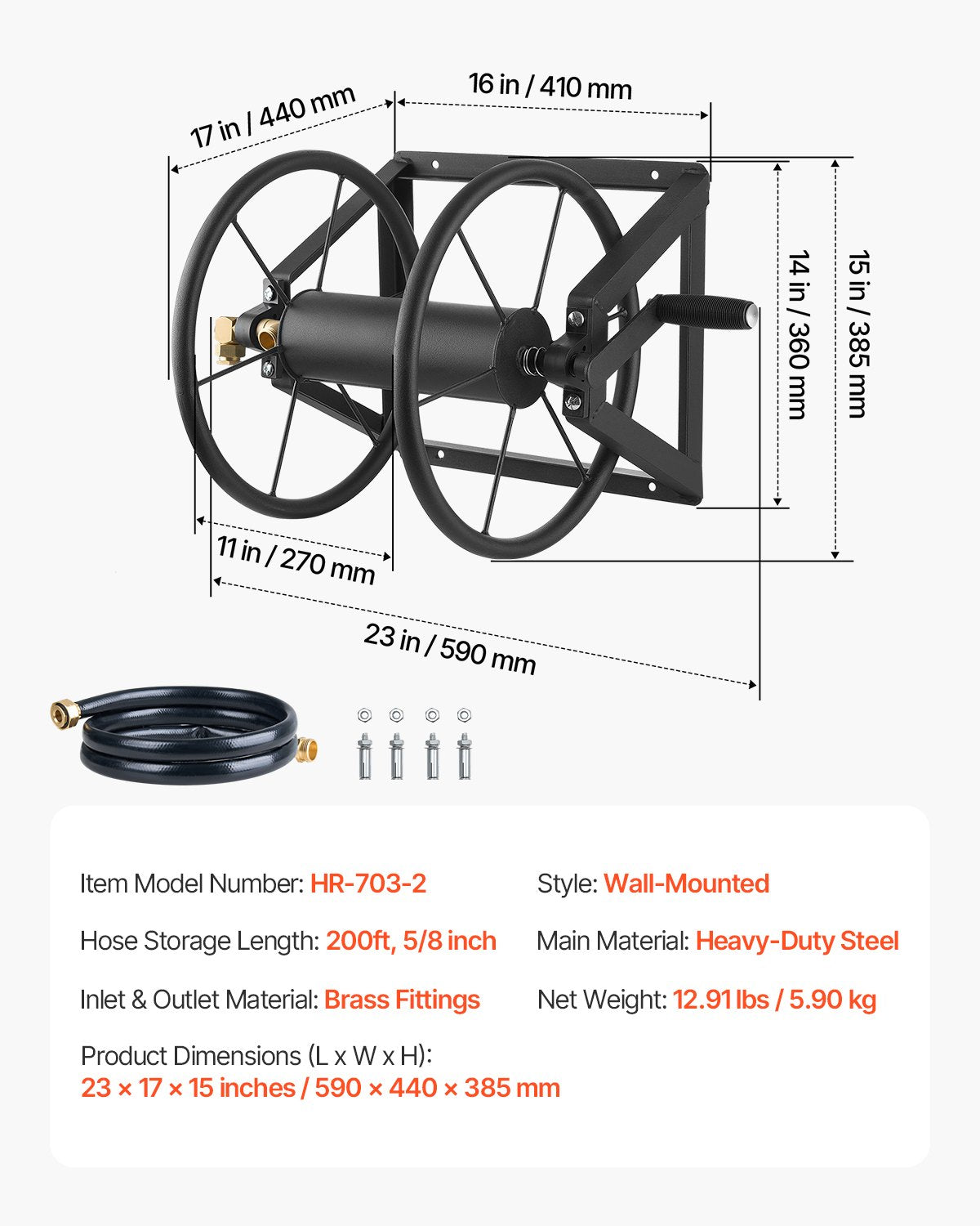 Wall Mounted Garden Hose Reel 200ft 5/8in Heavy Duty Steel w/ Brass Fitting