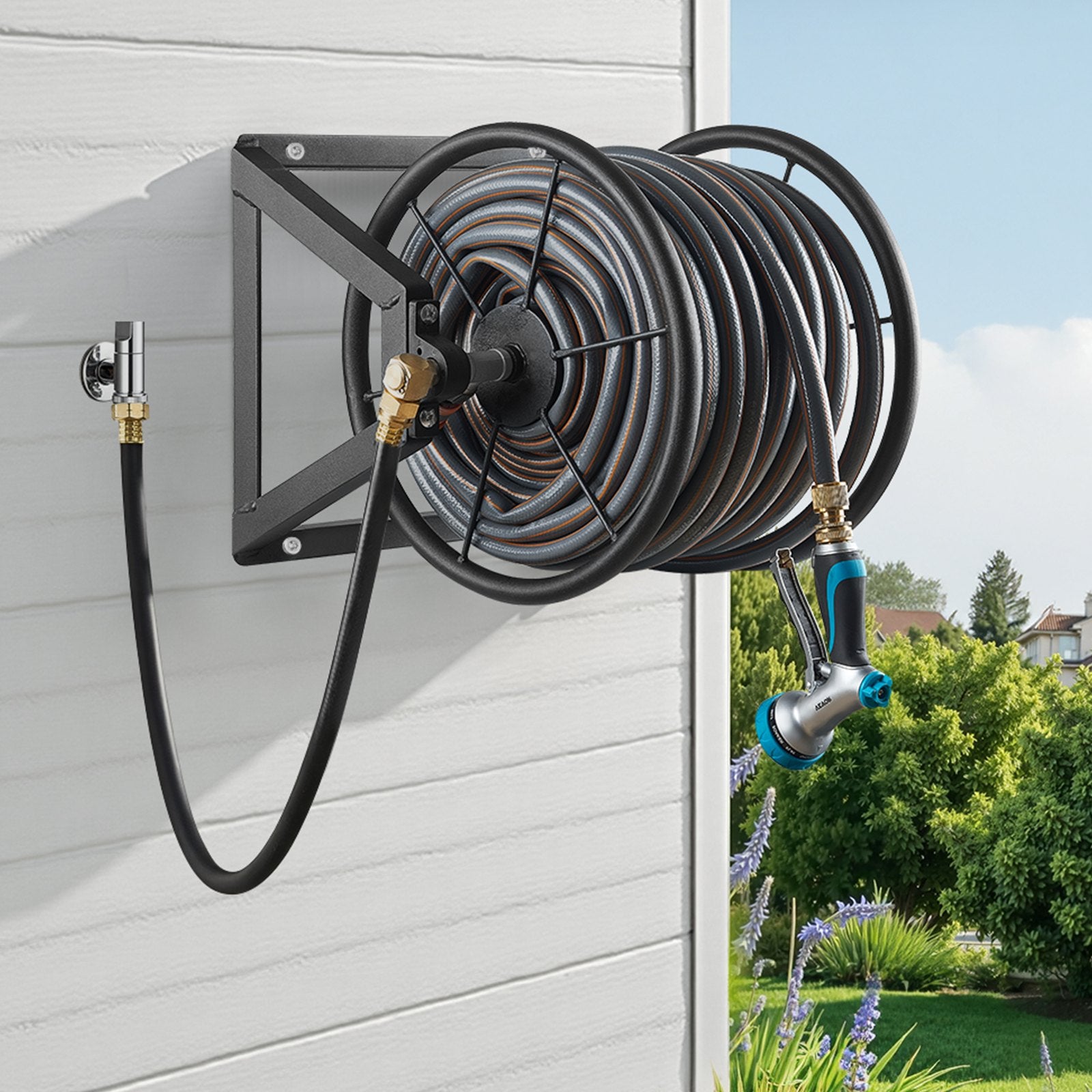 Wall Mounted Garden Hose Reel 200ft 5/8in Heavy Duty Steel w/ Brass Fitting