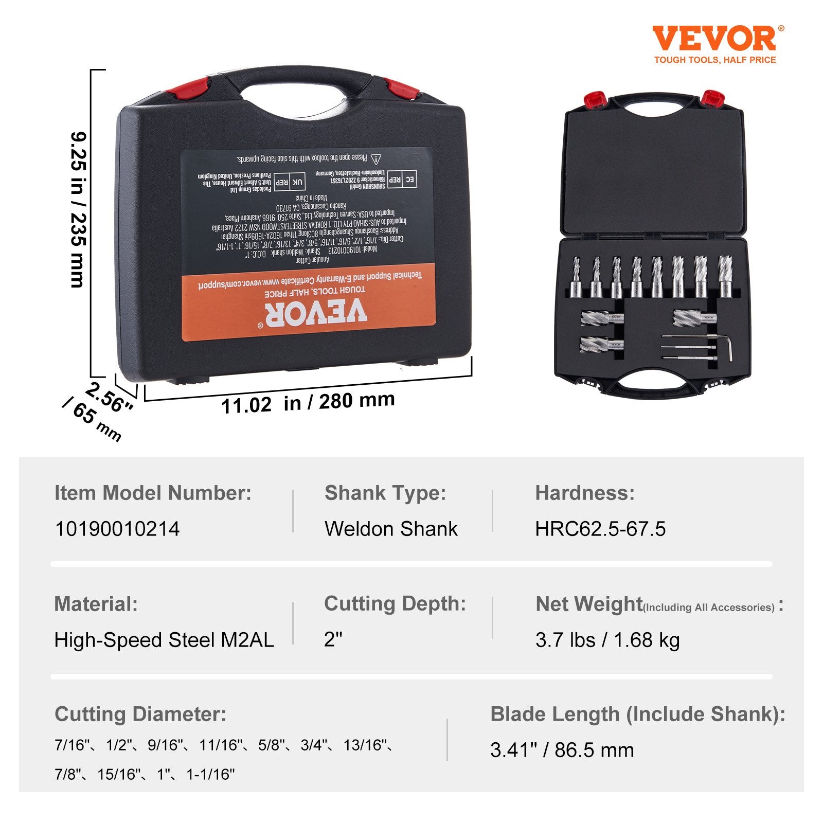 Annular Cutter Set 13Pcs Weldon Shank Mag Drill Bits 2in Depth HSS with Case