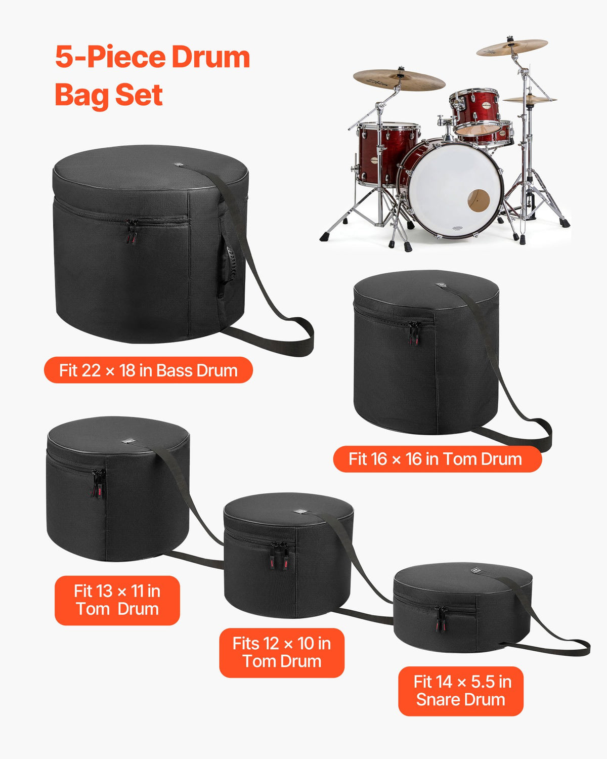 5-Piece Drum Case Set 600D Padded Bags for Bass Tom Snare with Portable Handle