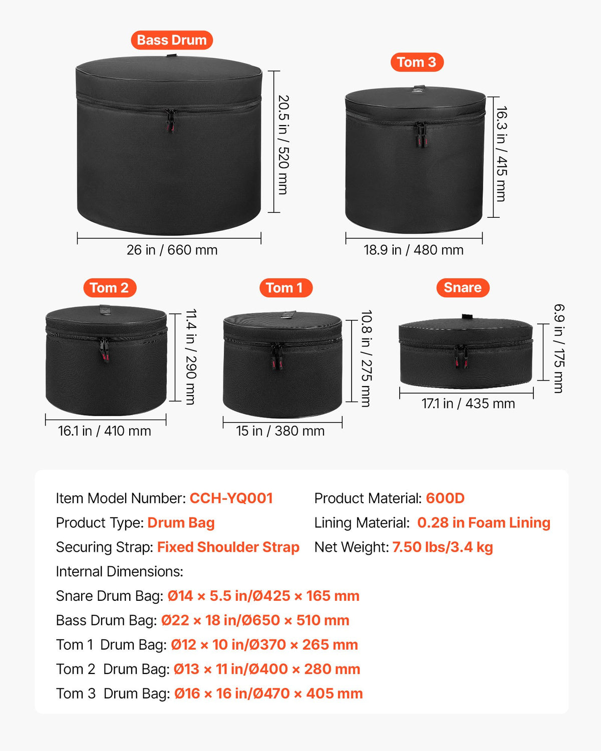 5-Piece Drum Case Set 600D Padded Bags for Bass Tom Snare with Portable Handle